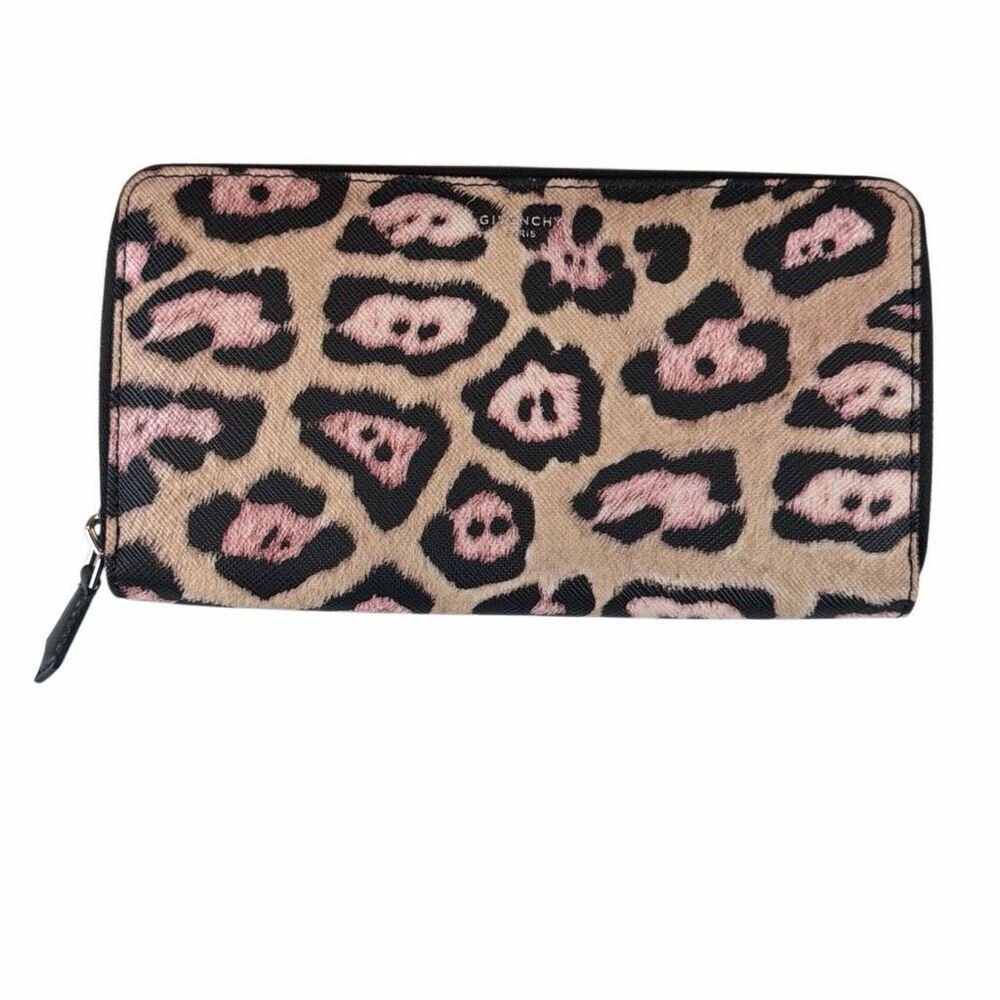 NWT Givenchy Iconic Print Zip Around Wallet Pink Leopard Logo Canvas Black Leath